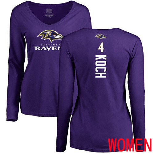Baltimore Ravens Purple Women Sam Koch Backer NFL Football #4 Long Sleeve T Shirt